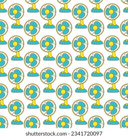 Seamless patterm with desktop electrical fan blue and yellow colors. Colorful blower vector illustration hand drawn. Print for fabric or paper cover with blower on white background