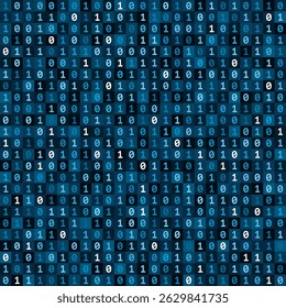 Seamless pattern of 0 and 1 symbols of binary code, dark monochrome background in blue colors, data represented by binary number system and digital technologies