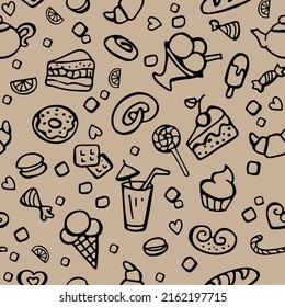 Seamless pattern 02 with hand drawn desserts and pastries and sweets like candies and cupcakes and cookies for background