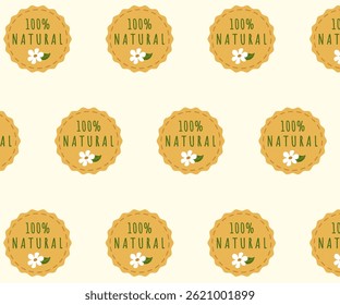 Seamless pattern 100% natural. Vector background with craft badge natural product. Great for food packaging, organic goods, eco brands, skincare, healthy food and eco-friendly designs.