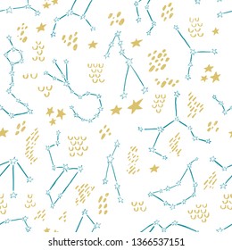 Seamless pattern with 12 constellation. Stylized sky map. Creative modern texture for fabric, textile, wallpaper, wrapping. Ready-to-print design template. Vector illustration.