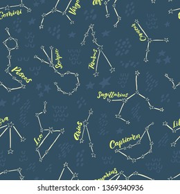 Seamless pattern with 12 constellation. Stylized sky map. Creative modern texture for fabric, textile, wallpaper, wrapping. Ready-to-print design template. Vector illustration.