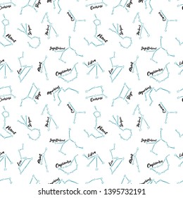 Seamless pattern with 12 constellation. Stylized sky map. Creative modern texture for fabric, textile, wallpaper, wrapping. Ready-to-print design template. Vector illustration.