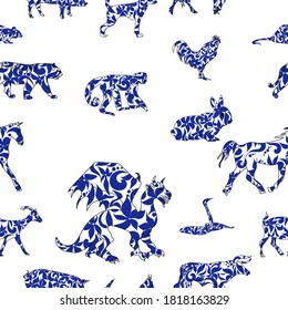 Seamless pattern of 12 stylized animal symbols of the year according to the Eastern calendar, animals with floral patterns in blue, vector illustration for design and creativity