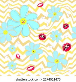 seamless pattern of 1970 . curved stripes and zigzag seamless pattern with laughing mouths and daisies, cyanide and yellow colors. Hand-Drawn Vector Illustration. Seventies Style, Groovy Background 