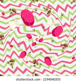 seamless pattern of 1970 . curved stripes and zigzag seamless pattern with mushrooms, fly agarics and toadstools, crimson and rotten brown colors. Hand-Drawn Vector Illustration. Seventies Style,lsd70