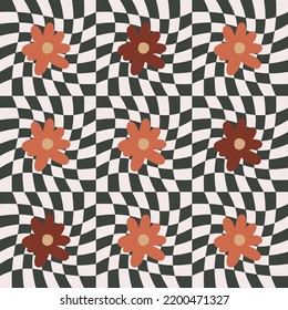 Seamless Pattern 1970s Groovy Flower Cute 70s Flower on Checkers  Vector illustration EPS10 ,Design for fashion , fabric, textile, wallpaper , wrapping and all prints 
