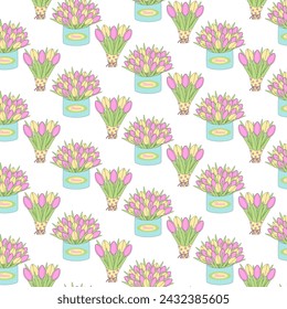 Seamless pattern 2 bouquets of tulips in wrapping paper and round box in trendy gently bright shades