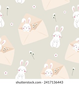 seamless pattern of 2 cute bunnies , one is in an envelope ,one is standing  with white flowers around ,vector,illustration