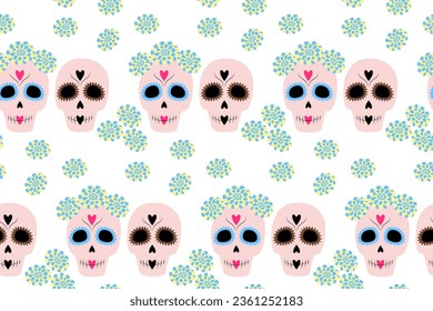 Seamless pattern of 2 Sugar Skull and flowers in trendy soft shades. Happy Day of the Dead. Mexico