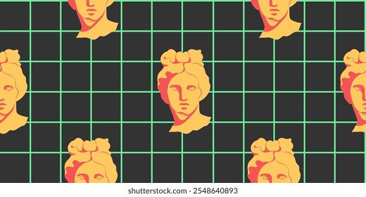 Seamless pattern with 2000s ancient statue on dark grid background. Modern greek y2k illustration for fabric, textile, wrapping paper, wallpaper, backdrop, cover, print design. Vector