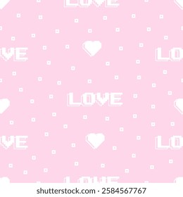 Seamless pattern in 2000s style with hearts and the word love on a pink background. Vector illustration for Valentine's Day. Template for card, fabric, textile, wallpaper, paper, packaging