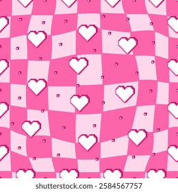 Seamless pattern in 2000s style with pixelated hearts on a checkered pink background. Vector illustration for Valentine's Day. Template for card, fabric, textile, wallpaper, paper, packaging