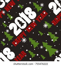 Seamless pattern, 2018, christmas trees, snow. Decorative backdrop vector. Hand drawn overlapping background, english text. Happy New Year, print. Colorful wallpaper, good for printing. Winter time