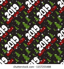 Seamless pattern with 2019, christmas fir trees. Decorative backdrop vector. Hand drawn overlapping background, english text. Happy New Year, print. Colorful wallpaper, good for printing. Winter