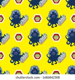 Seamless pattern of 2019-ncov Covid-19. Blue doctor octopus with medical bag and warning sign coronavirus. Concept STOP coronavirus infection. Design for volunteer flyer; texture; banner. First aid.