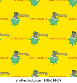 Seamless pattern of 2019-ncov Covid-19. Execution of a dangerous virus, ax cuts coronavirus on a yellow background. Concept STOP coronavirus infection. Design for volunteer flyer, texture and banner.