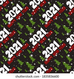 Seamless pattern with 2021, christmas fir trees. Decorative backdrop vector. Hand drawn overlapping background, english text. Happy New Year, print. Colorful wallpaper, good for printing. Winter