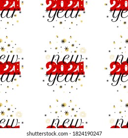 Seamless pattern for 2021 New Year with black and red text and decorative elements. Vector Illustration on transparent background