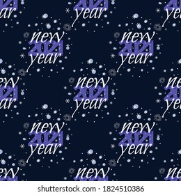 Seamless pattern for 2021 New Year with white and blue text and decor. Vector Illustration on dark blue background