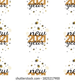 Seamless pattern for 2021 New Year with black and gold text and decorative elements. Vector Illustration on transparent background
