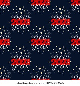 Seamless pattern for 2021 New Year with white and red textand decor. Vector Illustration on dark blue background