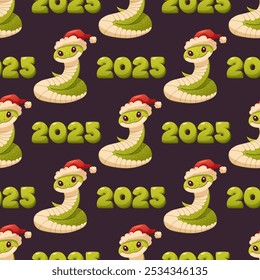 Padrão contínuo com cobra verde mascote 2025 e letras. Ornamento de Natal para amostras têxteis, embalagem. Padrão de vetor
