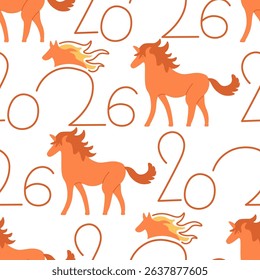 seamless pattern with 2026 new year number and fire horse in doodle. Element for decoration design mail posts postcards poster print invitation background backdrop wrapping wallpaper banner textile