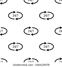 Seamless pattern with 24/7 simple icon on white background. Service open 24h hours and 7 days a week. Vector illustration for design, web, wrapping paper, fabric.
