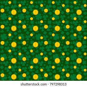 Seamless Pattern. 3 and 4 leaved clover. St Patrick's day. Gold coins over clover leaves