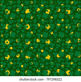 Seamless Pattern. 3 and 4 leaved clover. St Patrick's day. Gold coins under clover leaves.