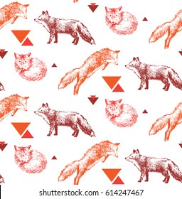 Seamless pattern with 3 bight hand drawn foxes