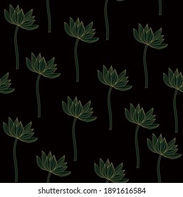 seamless pattern with 3 black lotuses with lines, silhouettes of lotuses, water lilies