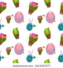 Seamless pattern with 3d anthropomorphic characters featuring happy family eggs watering flowers with a watering can, tulips, potted plants, cactus and festive holiday elements on a white background.