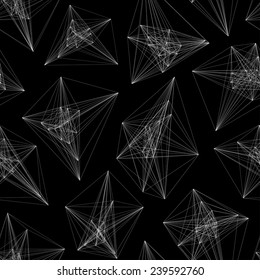 Seamless pattern of  3D  asymmetric abstract objects.White graphics on a black background.