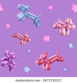 Seamless pattern with 3d balloon dogs. Multicolored helium bubble animals and metallic stars on purple background. Party creative wallpaper with inflated puppies. Vector illustration.