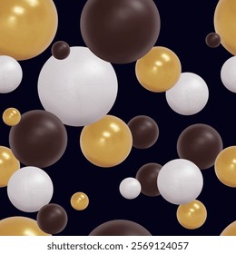 Seamless pattern 3d balls vibrant gold, black and white gradient random soft balls background. Golden, white, black balls in different sizes. Vector seamless pattern background.