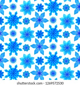 Seamless pattern with 3d blue origami snowflakes on a white background. Vector texture for gift wrapping, wallpaper and your creativity
