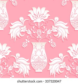 Seamless pattern 3D bouquet abstract  flowers in vase doodle style