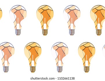 Seamless pattern of 3d bulbs cut from paper on white background. Vector texture for your creativity