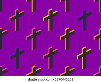 Patrón sin brillo con cruces cristianas 3D. Fondo de Halloween con cruces cristianas 3D multicolores en un fondo morado. Diseño festivo para papel pintado, afiche y pancarta. Ilustración del vector