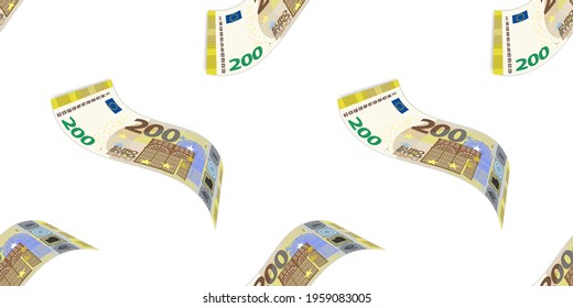 Seamless pattern. 3d curved EU paper money. Euro 200 banknotes are staggered symmetrically on a white background