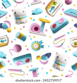 Seamless pattern with 3D cute cat, feed pet bowl, cat house cage, fish in aquarium. Cartoon pet toys, accessories and food, entertainment supplies realistic vector. Cat playground, pet shop product