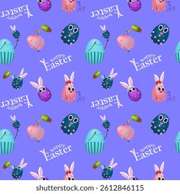 Seamless pattern with 3D elements featuring anthropomorphic happy family Easter egg. Babies and parents. Babies with bunny ears on a purple background. Happy Easter inscription. Perfect for festive.