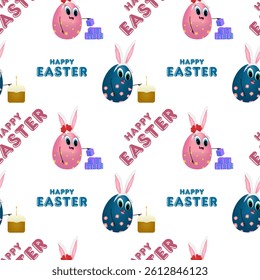 Seamless pattern with 3D elements featuring anthropomorphic baby egg with Easter bunny ears, festive Easter cake, and Happy Easter inscription. Perfect for wrapping paper, wallpaper, and gift box.