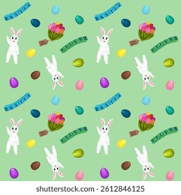 Seamless pattern with 3D elements featuring anthropomorphic Easter bunnies, multicolored Easter eggs, and cubes Easter inscription on a mint background. Perfect for wrapping paper and wallpaper.
