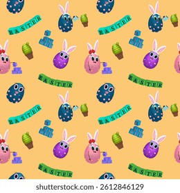 Seamless pattern with 3D elements featuring anthropomorphic smiling toddler Easter egg with bunny ears and cactus, and Cubes with Easter inscription on a orange background. Perfect for wrapping paper.