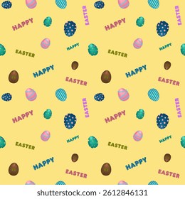 Seamless pattern with 3D elements featuring ornate Easter eggs and Happy Easter inscription on a yellow background. Perfect for festive design, wrapping paper, wallpaper, and gift box decorating.