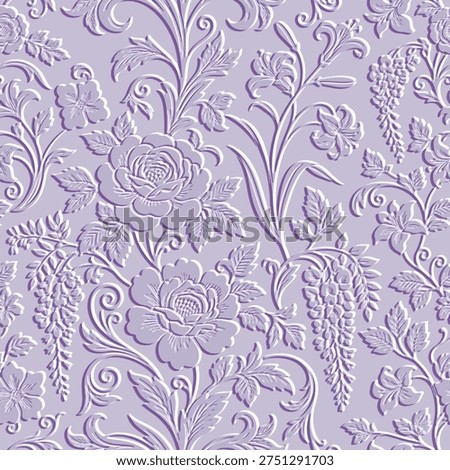 Seamless pattern with 3D embossed floral ornaments in a soft lilac palette. Elegant lavender vector background with textured relief effect for luxury design.