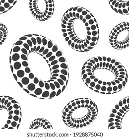 Seamless pattern of 3D geometric dotted rounded shapes. Donuts. Black and white colors. Psychedelic optical effect. Stylish minimalistic graphic design. 